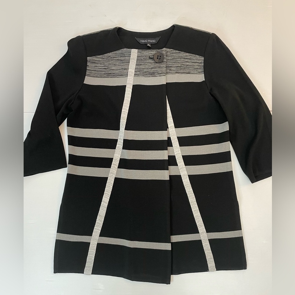 Ming Wang Black Gray Geometric One Button Jacket Size Small